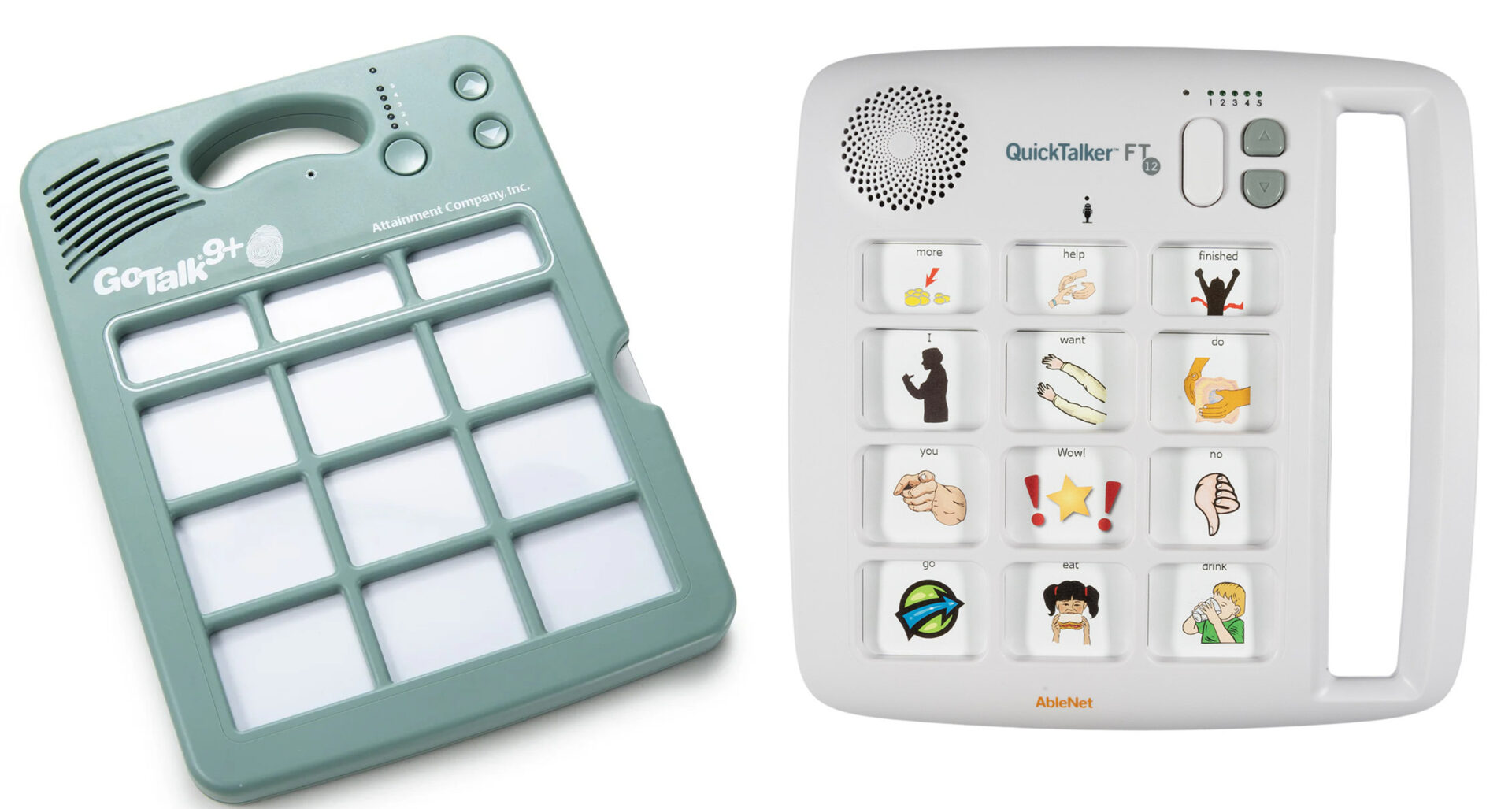 GoTalk 9+ Lite Touch and a QuickTalker FeatherTouch 12 communication device