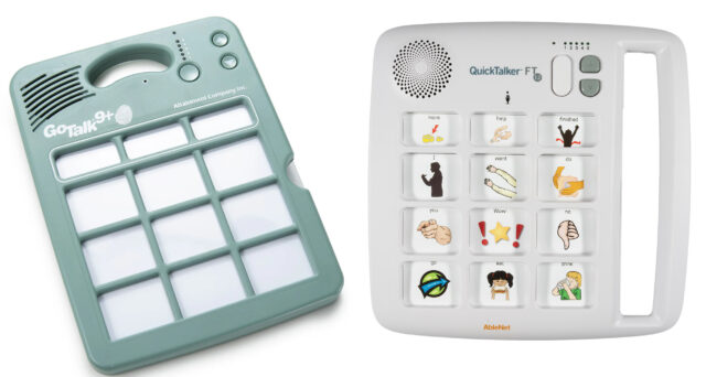 GoTalk 9+ Lite Touch and a QuickTalker FeatherTouch 12 communication device