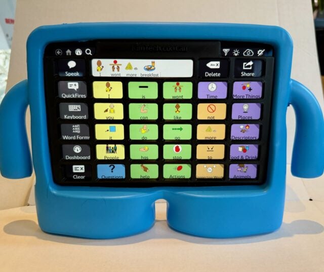 A black keyguard on an iPad mini in a Otto Bumper case. The app displayed on the iPad is TD Snap with the Motor Plan 30 page set.