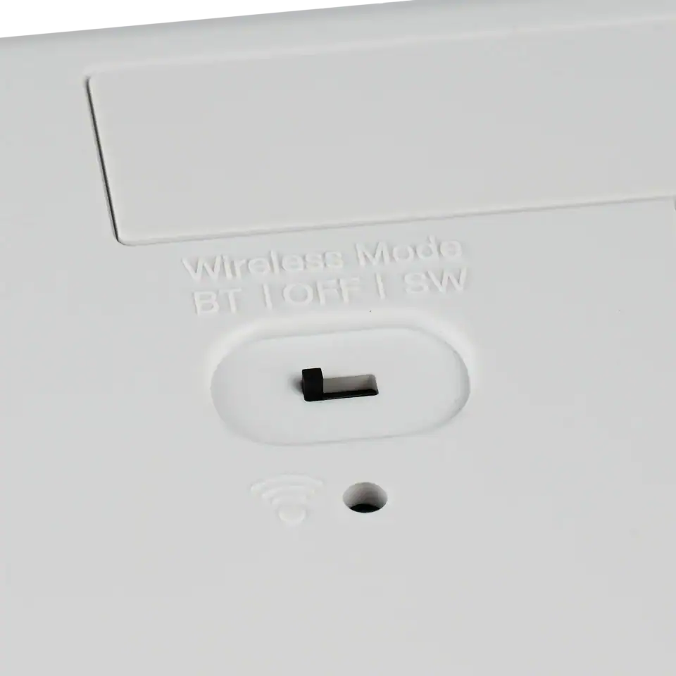 Back view of keyboard showing Bluetooth, off and switch mode