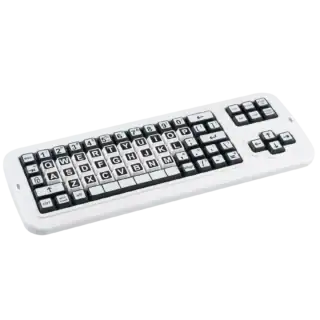 A keyboard with high contrast black and white keys which are 40% larger than a regular keyboard.