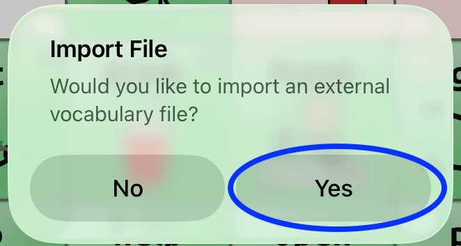 Screenshot of Proloquo popup asking “Import a customization?” with warning message and the “Continue” button highlighted.